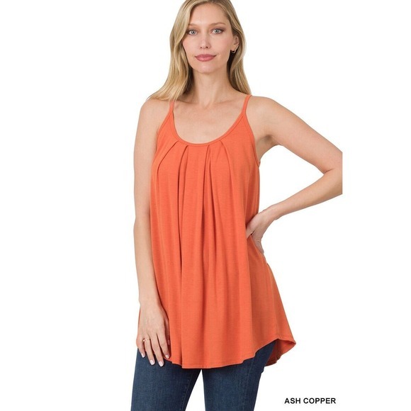Zenana Outfitters Tops - Sleeveless Tank Top Tunic - Pleated‎ Scoop Neck Casual Flowy Ash Copper Size S
